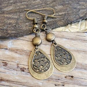Bronze Teardrop Dangle Earrings Carved Pendant Drop Charm Retro Boho Vntge Style
